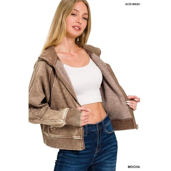 Zenana Outfitters Jackets & Blazers - Zenana Acid Wash Zip‎ Up Fleece Jacket